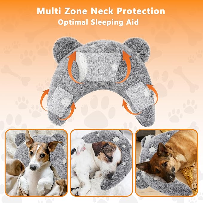 Pet Calming Pillow for Dogs, Soft U-Shaped Pillow Glow in the Dark, Joint Relief, Sleep Comfortably,Suit for Small, Medium, Large Dogs, Fluffy Pet Neck Pillow (M-Gray)