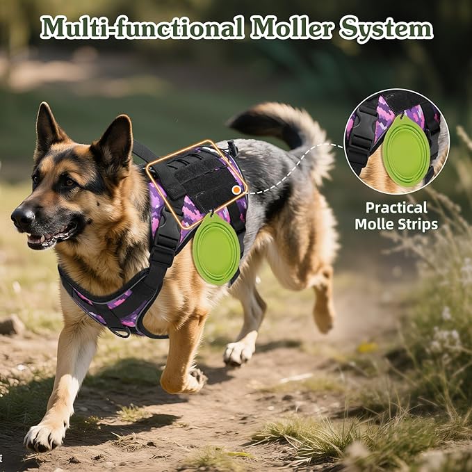 VavoPaw Heavy Duty Tactical Dog Harness for Large Dogs, No Pull Adjustable Pet Harness Reflective Service Training Easy Control Pet Vest Military K9 Working Dog Harnesses, Purple Camouflage, L