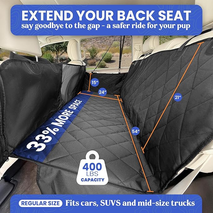 4Knines Back Seat Extender for Dogs, Hard Bottom Waterproof Backseat Protector with EZ Door Guard (Black, Regular)