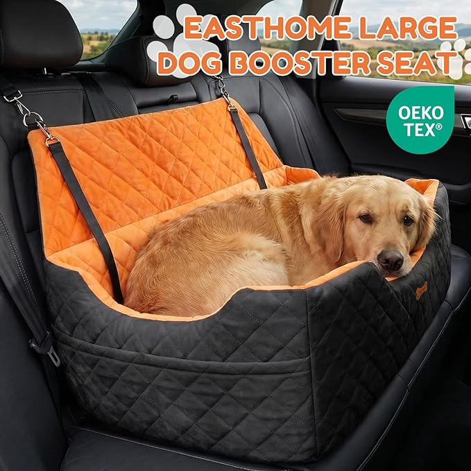 Dog Car Seat for Large Medium Dogs - Foam Dog Booster Seats up to 55 lbs, High-Depth Car Pet Seat with Storage/2 Safety Leash, Portable Travel Pet Bed for Cars, 2in, Black