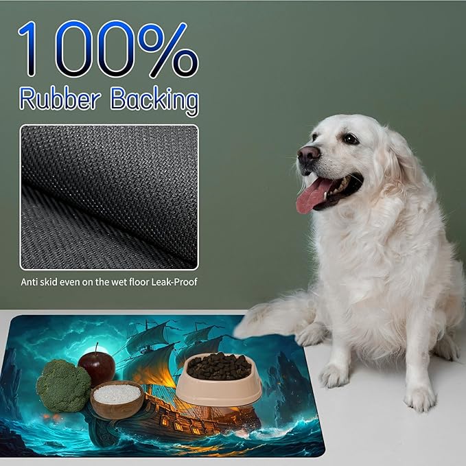 Dog Food Mat, 19.6" x 23.6" Absorbent Pet Feeding Mat for Food and Water, Waterproof Diatom Mud Pet Placemat with Non-Slip Rubber Backing, Easy Clean Cat Bowl Mat for Floors - Blue Sail
