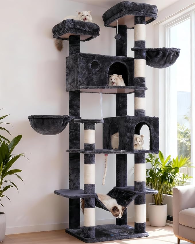 Gitelsnour Tall Cat Tree, Large Cat Tower for Adult Cats, 80.7'' (205cm) Heavy-Duty Cat Tree House for Indoor Cats 20 lbs+ with Scratching Posts, 2 Top Perches/Condos, Hammcok, Smoky Gray GCT034G