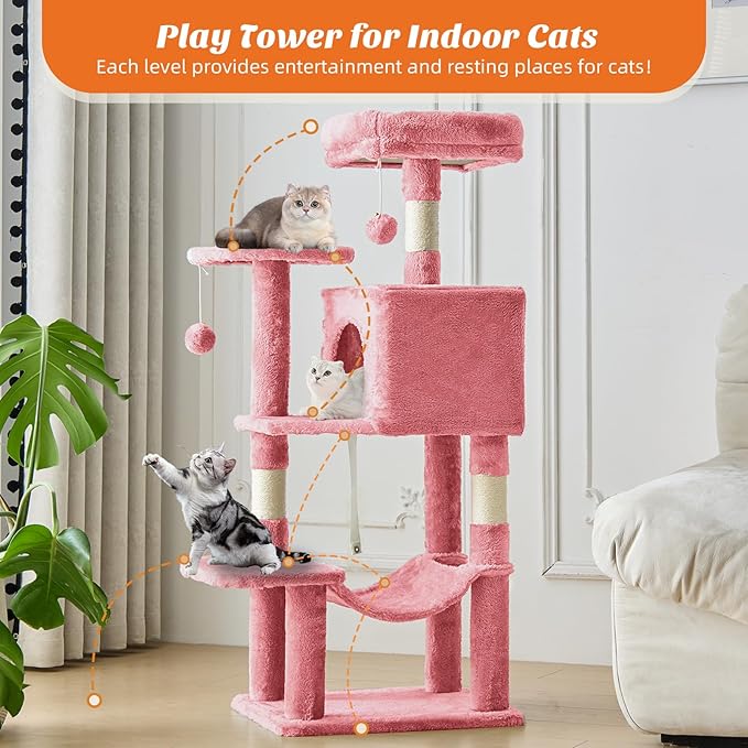 Sweetcrispy 44 Inch Cats Tree Tower, Cat Climbing Tower with Natural Sisal Scratching Posts, Hammock, Pet Condo for Indoor Cats and Kittens Play, Pink