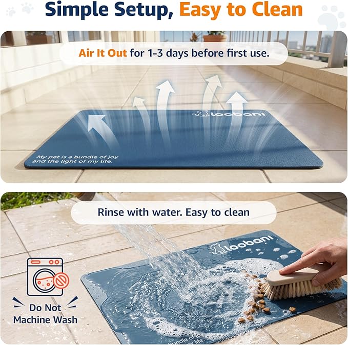 LOOBANI Dog Food Mat for Floors Waterproof 17.3"x17.3"- Absorbent Dog Bowl Mat for Food and Water Bowl, Leakproof Rubber Backing, Dog Feeding Mat for Dog, Cat, Pet (17.3"x17.3", Dark Blue)