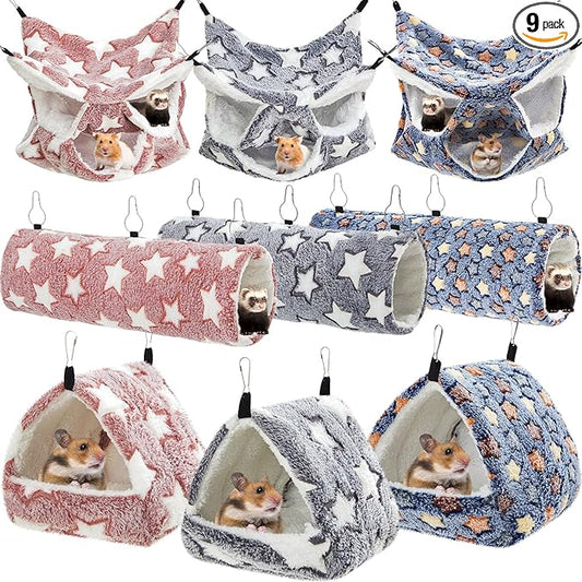 Abbylike 9 Pieces Rat Hammock 3 Tier Guinea Pig Ferret Hammocks Small Pet Hanging Tunnel Glider Toy Guinea Pig Ferret Hideout Bed Cage Accessories for Hamster(Navy,Grey,Pink,Star)