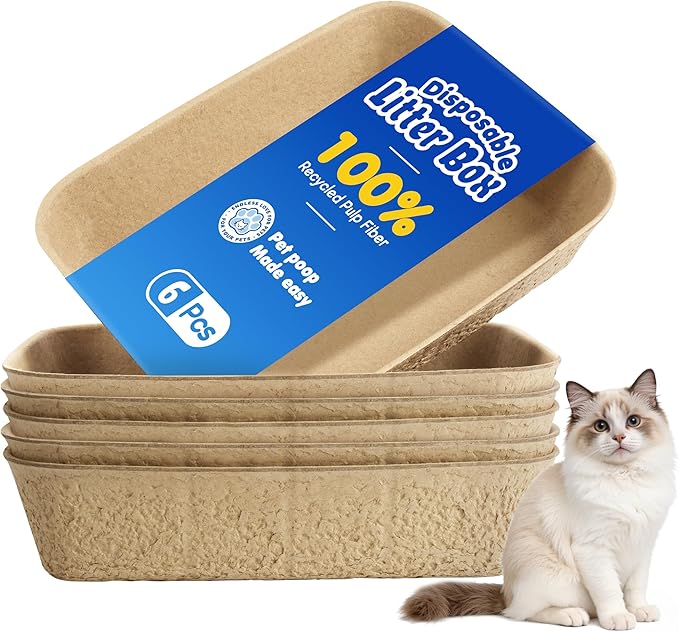 Disposable Litter Boxes for Cats 6-Pack Extra Thick & Sturdy Box Eco-Friendly Cat Travel Cardboard Portable Kitty Litterbox Jumbo Litter Pans for Kitten Leakproof Sustainable for Indoor Outdoor Use