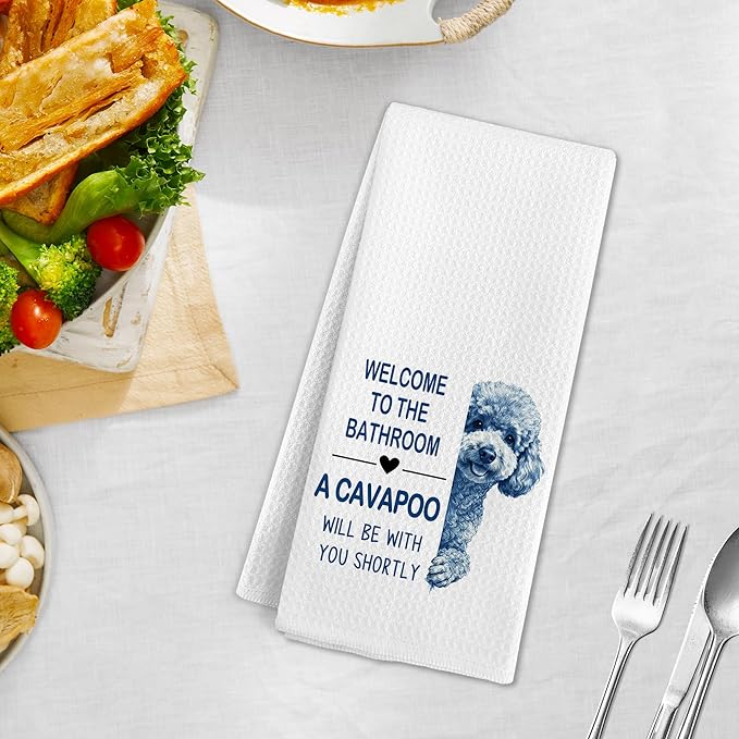 Funny Cavapoo Dog Hand Towels, Welcome to The Bathroom Hand Towels, A Cavapoo Will Be with You Shortly Dish Tea Towel for Kitchen Bathroom Decor, Dog Themed Gift for Women Men, 16x24 Inch