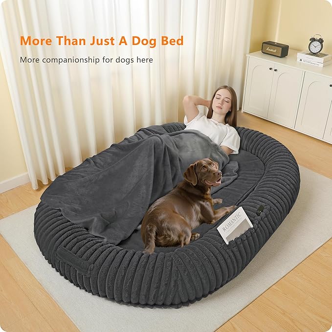 Human Dog Bed for Adult, Reversible Orthopedic Gel Memory Foam Cushion, Washable Corduroy Fleece, Plump Edge with Blanket, Storage Pocket, Strap, 71"x47.2"x9", Extra Large, Dark Grey