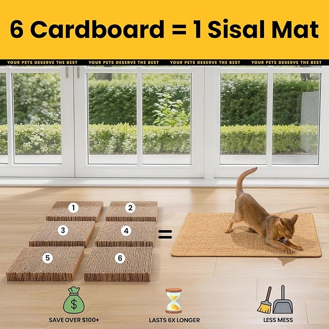 Conlun Cat Scratcher Mat,Natural Sisal Cat Scratch Pad with Hook&Loop Tape,Horizontal Floor Kitten Scratching Pads Rug for Indoor,Pet Furniture Protector for Couch&Carpets&Sofas, Large, Brown