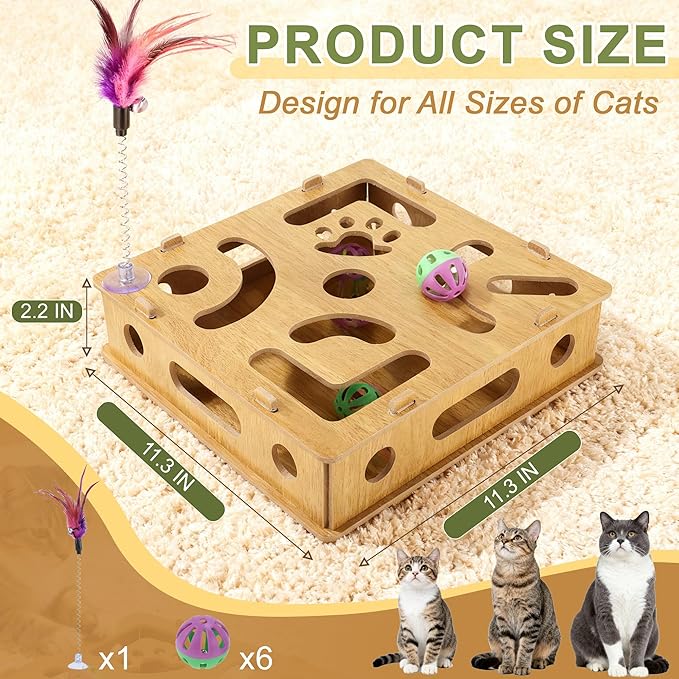 Cat Toys for Indoor Cats, Interactive Wooden Puzzle Toy Box, Stimulate Hunting Drives and Reduce Boredom, Wood Color