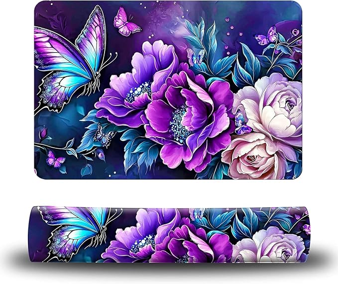 Dog Food Mat, 15.7" x 23.6" Absorbent Pet Feeding Mat for Food and Water, Waterproof Diatom Mud Pet Placemat with Non-Slip Rubber Backing, Cat Bowl Mat for Floors - Purple Butterfly Peony