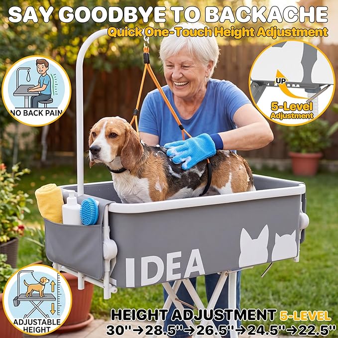 PAWZIDEA 2-in-1 Portable Dog Bathtub & Grooming Table, 33" Foldable Pet Washing Station for Small to Medium Dogs Cats up to 40lbs, 5 Height Adjustable Elevated Bath Tub Indoor Outdoor, Storage Pocket