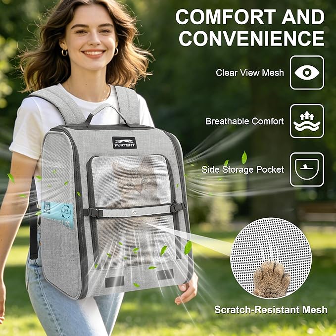 Pet Backpack Carrier for Small Dogs and Cats, Comfortable Portable Cat Bag for Travel Use with Ventilated Mesh, Safety Strap, and Easy-Clean Waterproof Fabric, Grey