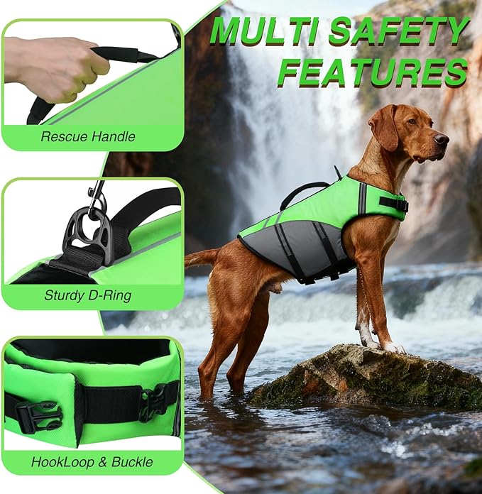 VIVAGLORY Sports Style Dog Life Vest, Dog Life Jacket for Swimming & Boating, Ripstop & Buoyancy for Puppy Doggy, Lifejacket with Handle, M, Bright Green