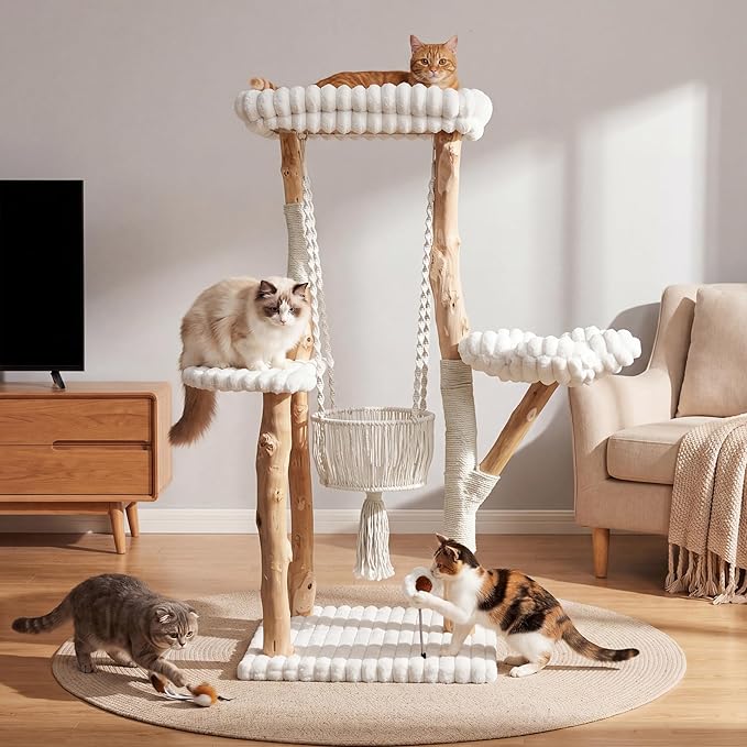 Solid Wood Cat Tree with Scratching Posts, 52 Inch Tall Cat Tower with Swinging Basket Hammock, Washable Cushion, Dangling Toy, Wood Climbing Cat Tree for Indoor Multi-Cats, Easy Assembly