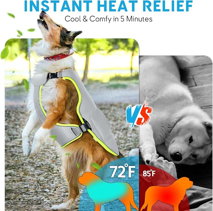 Mora Pets Dog Cooling Vest with Ice Packs, Reflective Adjustable Cooling Vest for Dogs with Leash Ring for Hot Weather Cooling Harness for Large Medium Dogs Grey(PDV-Gel-GL)