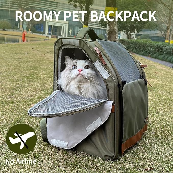Large Cat Carrier Backpack, Shaded Small Dog Backpack with Breathable Mesh, Soft Side Safety Pet Backpack for Hiking, Travel, Outdoor, Green