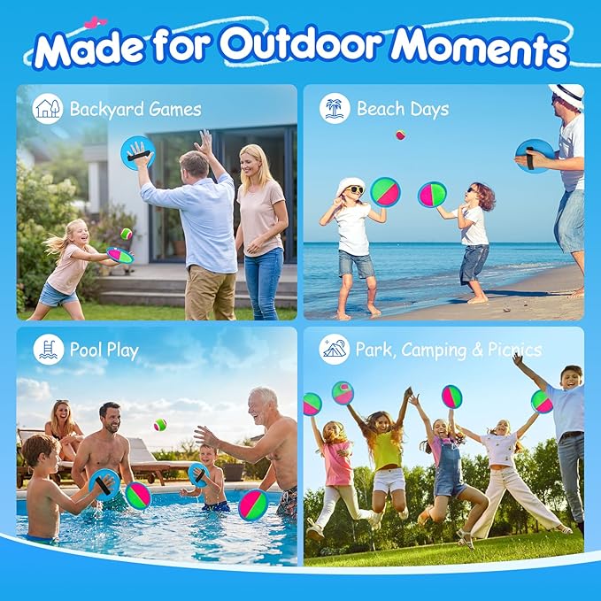 Toss and Catch Ball Game Set, Upgraded Sticky Paddle Ball Set for Kids & Toddlers, Sturdy & Water-Resistant Outdoor Backyard Beach Pool Toy, Birthday Gift for Boys Girls Ages 3-12