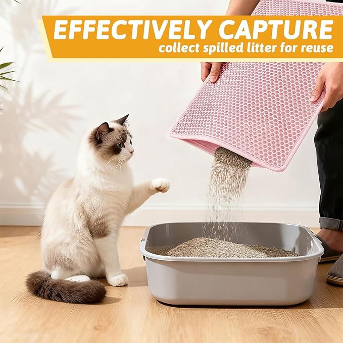 Pieviev Cat Litter Mat Double Layer Waterproof Urine Proof Trapping Mat 1 Pack (Pink, 24x15 Inch (Pack of 1))