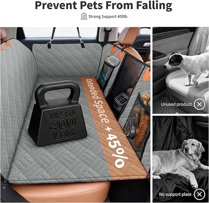 HOTEAGLE Dog Seat Cover Hard Bottom, 3-Section Design for Full-Size Trucks & SUVs, Waterproof & Nonslip Car Hammock for Large Dogs, Pet Truck Extender Cover, Spacious Space(+ 45%) Grey