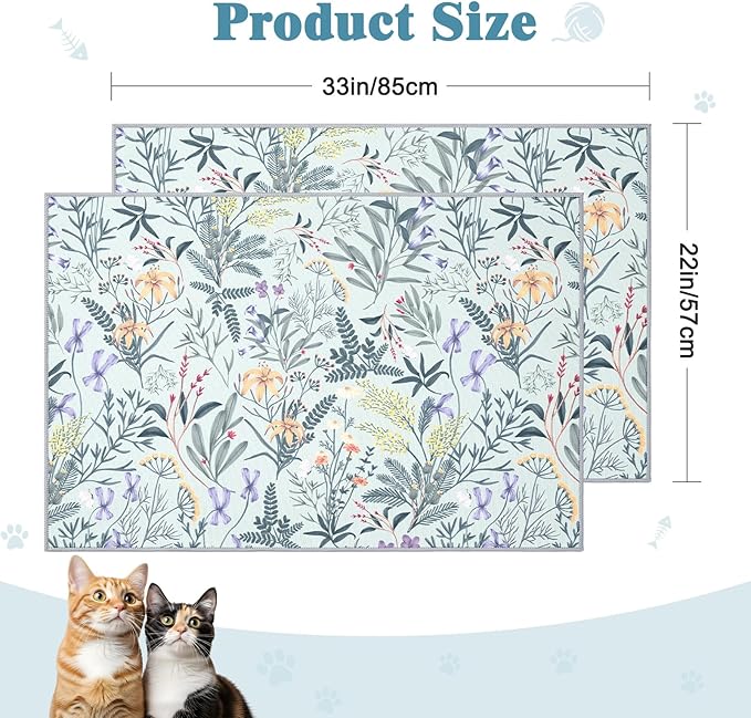Bienbee Cat Litter Mat, 2PCS 33"x22" Machine Washable Litters Box Mats Non-Slip &Waterproof Cat Litters Trapping Mats Easy to Clean Mat for Litter Box Less Waste Protects Floors Green Leaves L