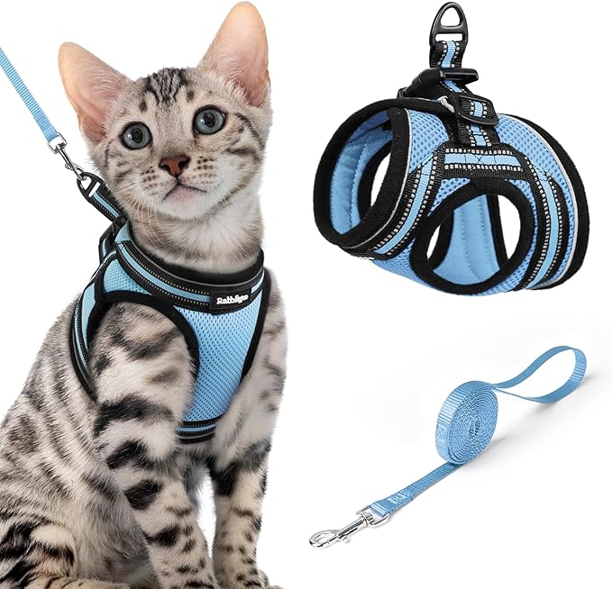 rabbitgoo Cat Harness and Leash, Step-in Escape Proof Kitten Harness Set, Soft Comfortable Cat Vest, Easy to Wear and Adjust, Reflective for Safe Outdoor Walking, Light Blue, X-Large