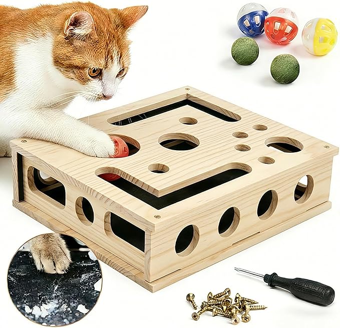 Cat Nail File Toy, Cat Scratch Puzzle Enrichment Box, Sandpaper Cat Scratcher Wooden Box, 2 catnips 3 Balls for Scratching, Boredom,Furniture Protection, 11.8" x 9.8"