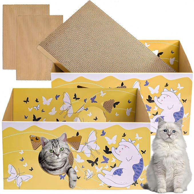 Tlence 2 Pack Cardboard Cat Scratcher Box, Butterfly Pattern Cat Hideaway House with Double-Sided Scratch Pads, 16.5 Inch Heavy Duty Large Cat Bed Lounger for Indoor Cats