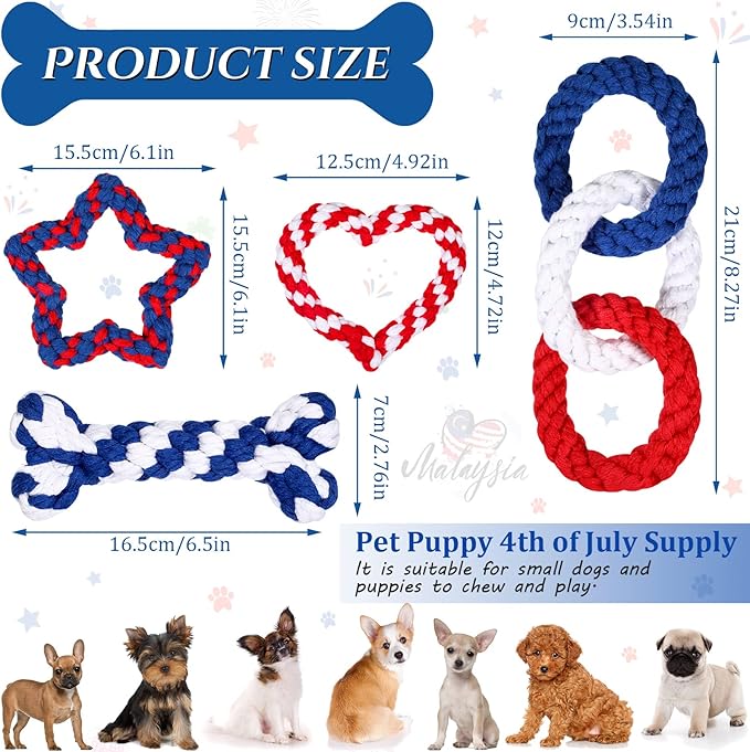 Sotiff 4 Pcs 4th of July Dog Rope Patriotic Pet Chew Toys Bone Star Heart Shape Durable Dog Toys for Small Breed Dogs Puppy Teething Independence Day Supplies, 4 Styles