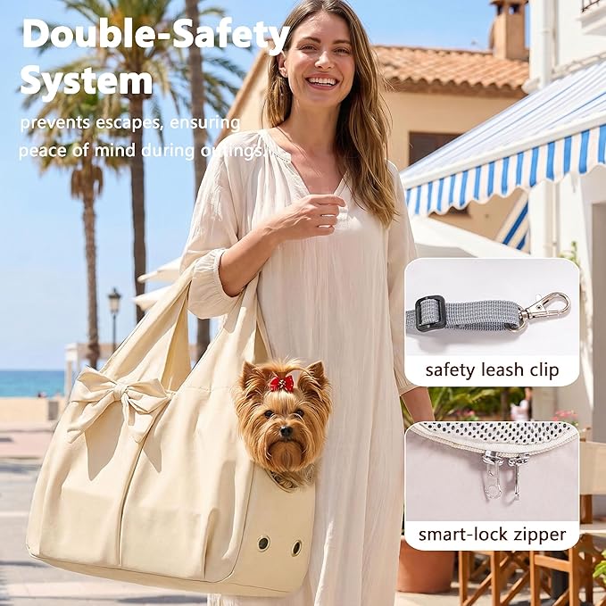 Dog Purse Carrier for Small Dogs, Soft Dog Tote Bag Carrier with 4 Large Pockets, No Collapse, Lightweight, Smart Zipper Lock, Comfortable Puppy Cats Rabbit Carrier for Travel,Outdoor(Beige)