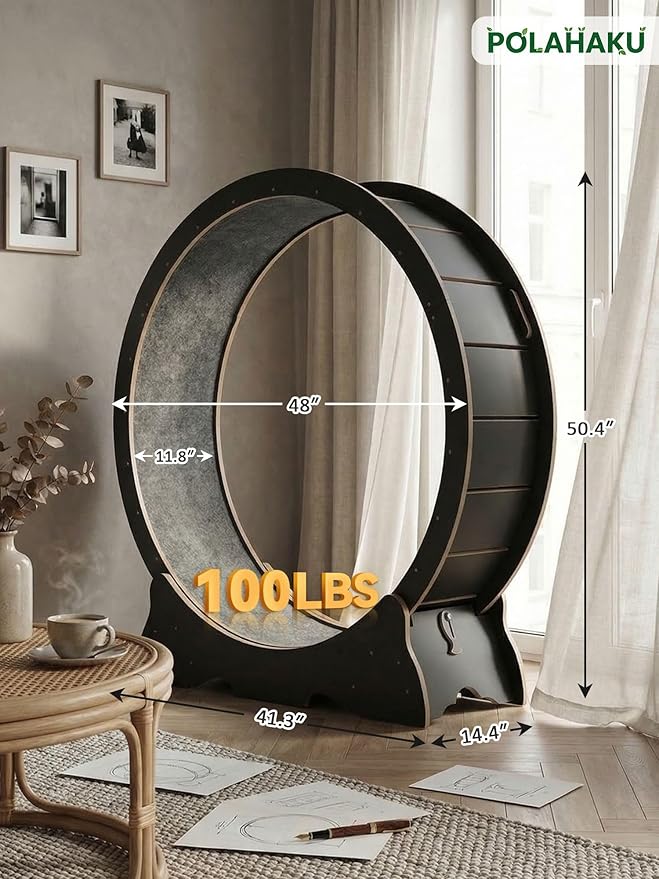 Cat Exercise Wheel, 48 Inch Diameter Cat Treadmill for Indoor Cats, Cats Running Wheel with Updated Enhanced Base and Carpeted Runway for Cat's Longer Life and Fitness, Black