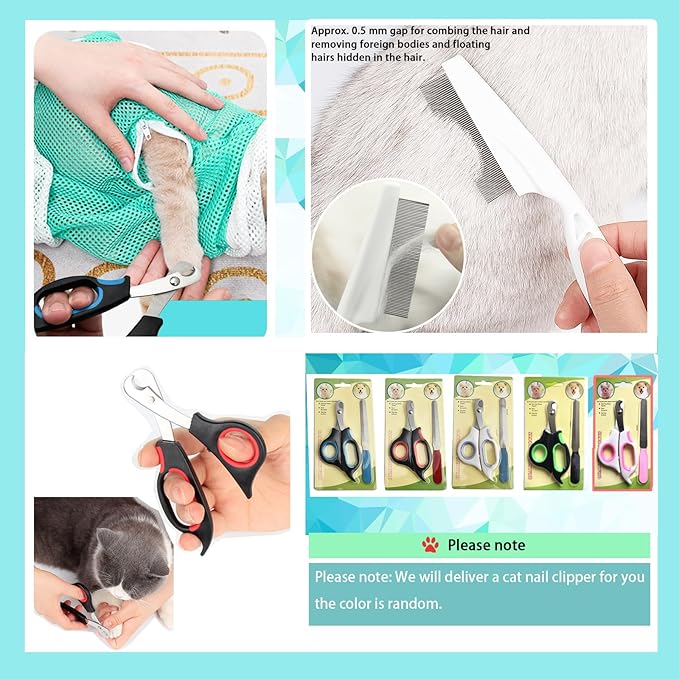 Adjustable Multifunctional Anti-Bite Shower Mesh Bag, Cat Grooming Net, Bath Brush and Cat Nail Clipper (A-Pink)