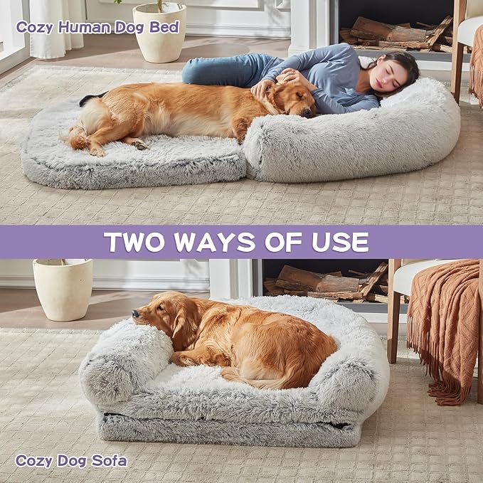Foldable Human Dog Bed for Adults, Human Sized Dog Bed with Orthopedic Foam, Fluffy Faux Fur Pet Couch with Waterproof Liner, Non-Slip Bottom, Washable Cover, Cozy Floor Lounger - Grey