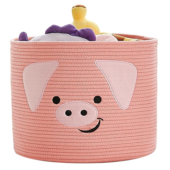 VK VK·LIVING Animal Baskets Large Woven Cotton Rope Storage with Cute Pig Design and Handles, Laundry Organizer for Towels, Blanket, Toys, Clothes, Gifts, Toy Box, Gift for Pet or Baby 15"D x 14"H