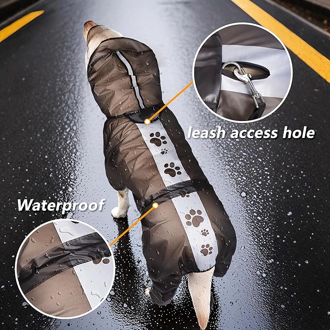 Olsa Dog Raincoat, Dog Hooded Slicker Poncho, 4 Legs Rain Jacket with Reflective Stripe, Transparent Water Proof Resistant Rain Snow Clothes for Small Medium Large (Black, L)