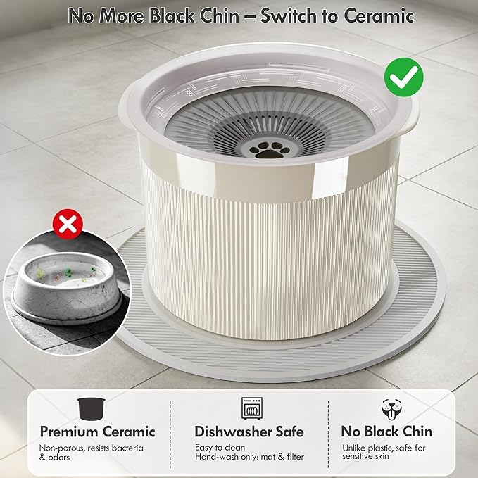 No Spill Ceramic Dog Water Bowl, Large Capacity Slow Drinking Bowl with Floating Disk & Filter, Heavy Duty Anti-Slip Bowl for Small to Medium Dogs, Cats & Multi-Pet Homes Indoor