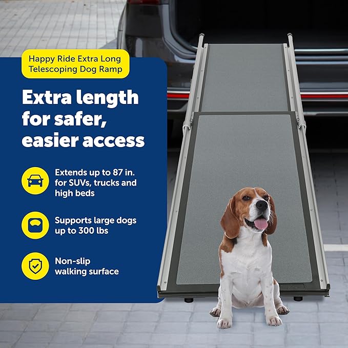 PetSafe Happy Ride Extra Long Telescoping Dog Ramp, Portable Pet Ramp for Cars, Trucks & SUVs with Adjustable Sizing