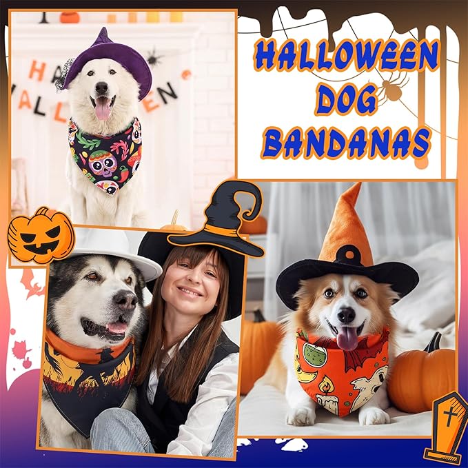 Huhumy 150 Pcs Halloween Dog Bandanas Bulk Pet Bibs Colorful Triangle Scarf Pet Bandanas for Medium Large Dogs Halloween Party Costume Decor