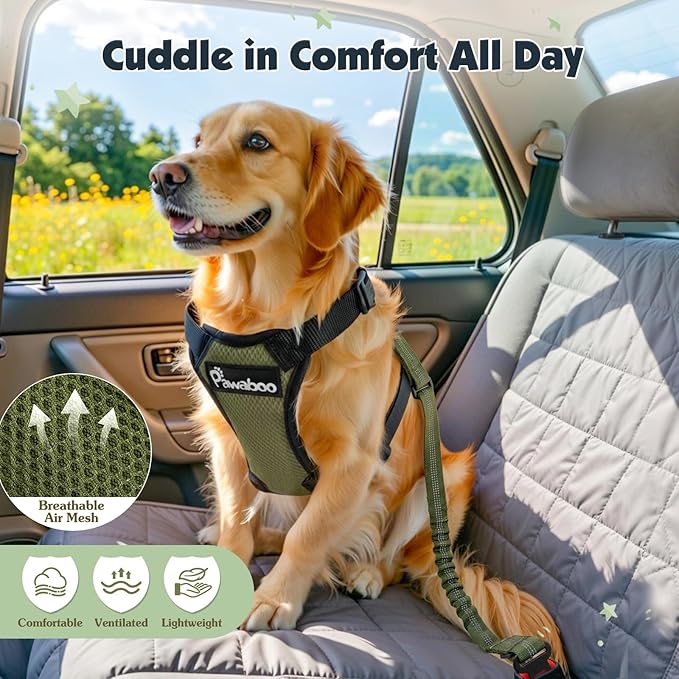 Pawaboo Dog Seat Belt Harness for Car, Dog Car Harness Seatbelt with Double Clips, Adjustable Breathable Pet Vest & Dogs Safety Tether with Elastic Bungee for Small Medium Large Pet, XL, Green + Black