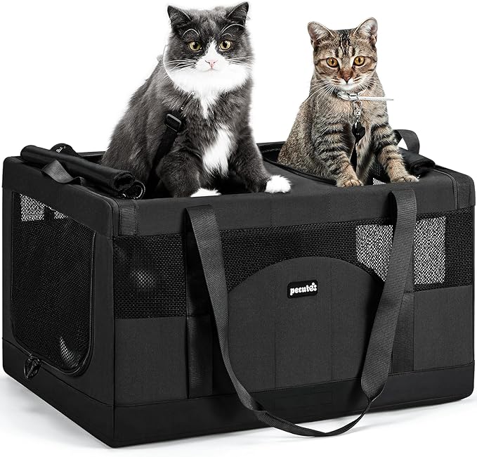 Pecute Dual Compartment Pet Carrier for Multi-Cat Families & Small Dog Owners, Collapsible Dog Crate with Reinforced Steel Frame, Car Safety Design for Travel, Vet Visits & Home Use, Dark Gray