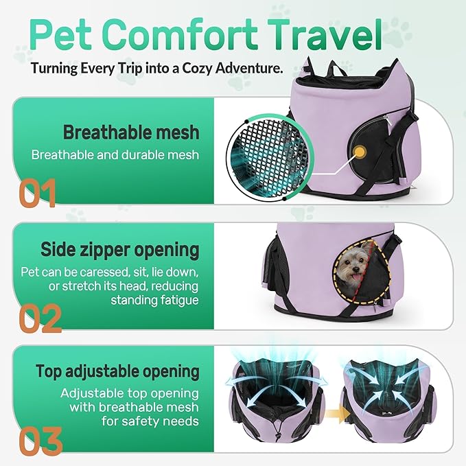 YUDODO Dog Front Backpack Carrier 7-15 lbs, Soft Breathable Pet Front Facing Carrier with Adjustable Straps, Multi-Pocket Design, for Small Dogs & Cats (with Detachable Sling Pouch - Purple)