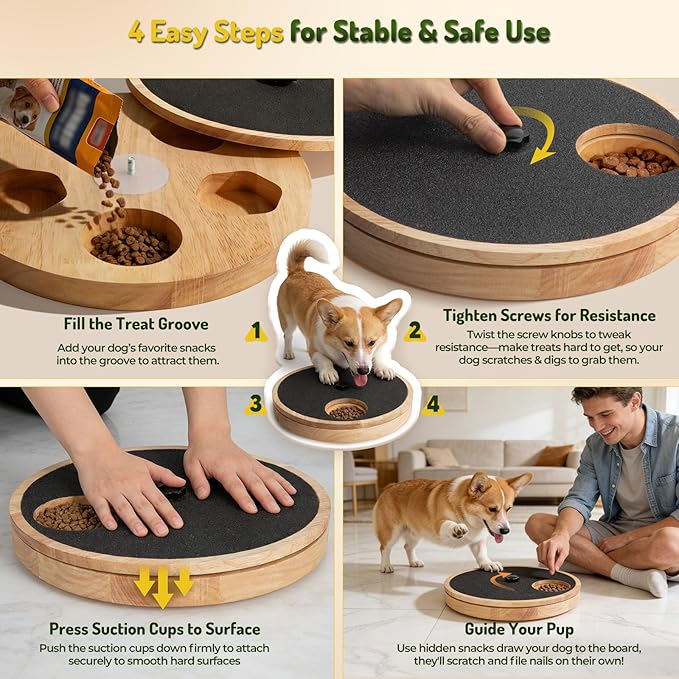 Dog Nail Scratch Board with Treat Box - Anti-Slip Rotating Dog Paw Care File Toy, Wooden Dog Scratch Pad for Nails with Adjustable Tension, Stress-Free Grooming & Enrichment for All Dogs Sizes, Black