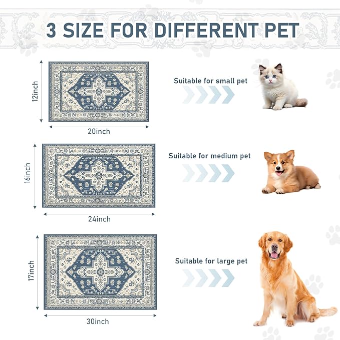 Pet Mats for Food and Water, Vintage Blue Boho Dog Food Mat for Floors, Non Slip Indoor Quick Dry Cat Bowl Feeding Mats (11.8” X19.7”)