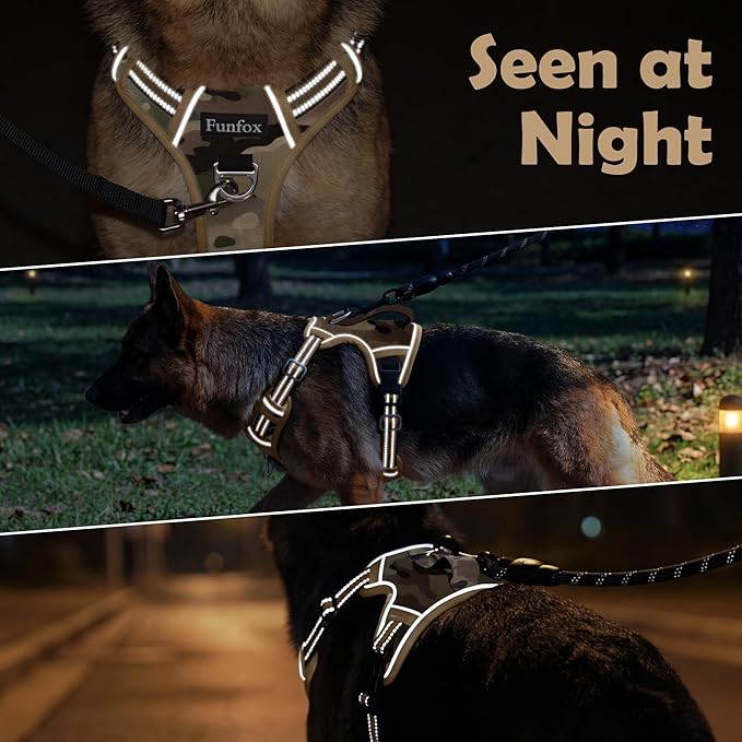 Funfox Dog Harness No Pull, Adjustable Pet Vest Harness, Super Soft Material with Vertical Handle Easy Control, Reflective Night Walking, 2 Leash Clips for Small Sized Dogs, Camo Brown, S