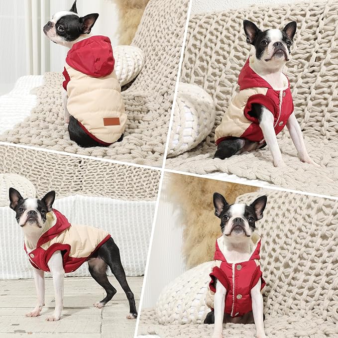 Vecomfy Fleece Lining Extra Warm Dog Hoodie in Winter for Medium Dogs Jacket Pet Coats with Hooded,Beige and Red L