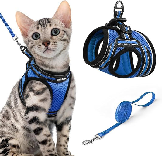 rabbitgoo Cat Harness and Leash, Step-in Escape Proof Kitten Harness Set, Soft Comfortable Cat Vest, Easy to Wear and Adjust, Reflective for Safe Outdoor Walking, Blue, X-Large