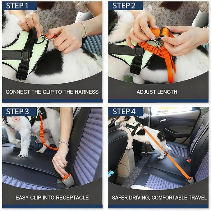 Dog Seat Belt for Car, Adjustable Dog Car Harness, Reflective Dog Seatbelt Leash with Elastic Bungee Buffer, Durable Nylon Pet Safety Dog Seat Belt for All Dog Sizes (Orange)