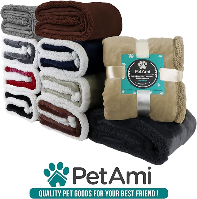 PetAmi Fluffy Waterproof Dog Blanket for Couch and Bed, Reversible Sherpa Pet Throw, Pee Proof Furniture Protector Sofa Cover, Washable Cat Blanket for Small Medium Dogs and Cats (Grey, 29x40)