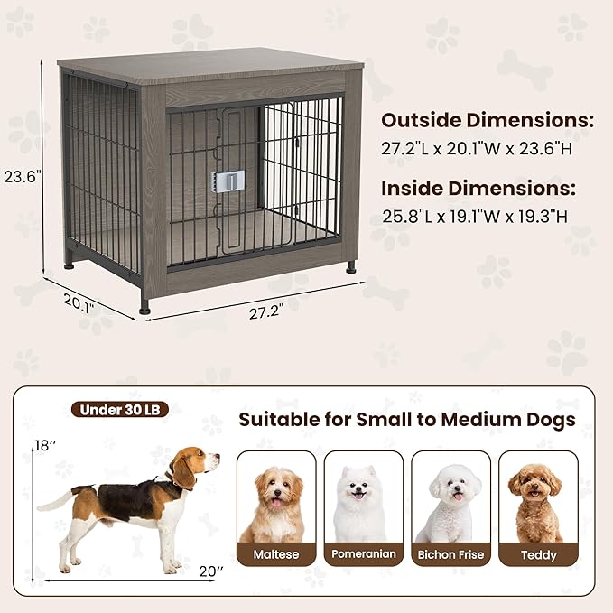 Wooden Dog Crate Furniture, 27in Dog Cage Furniture with Slide Safety Latch, Indoor Decorative End Table for High Anxiety Dogs, Furniture Style Dog Crate for Small to Medium Dogs, Greige