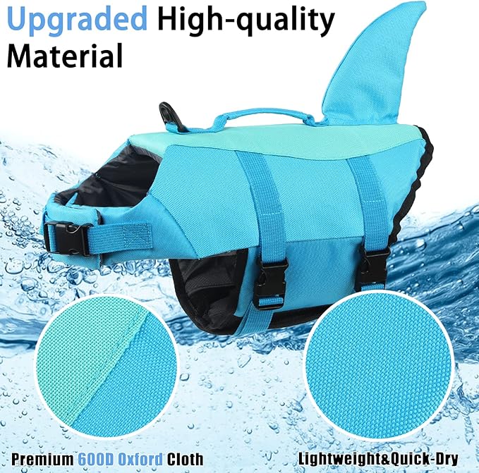 EMUST Dog Life Jacket Shark, Dog Life Vests for Small, Middle, Large Dogs with Rescue Handle Pet Flotation Vest Safety Lifesaver for Swimming Pool Beach Boating, (S,Pool Blue)